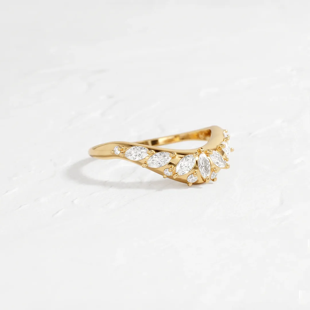 Side profile of the Amplify Band with Marquise Diamonds, highlighting its sculptural design and diamond arrangement.
