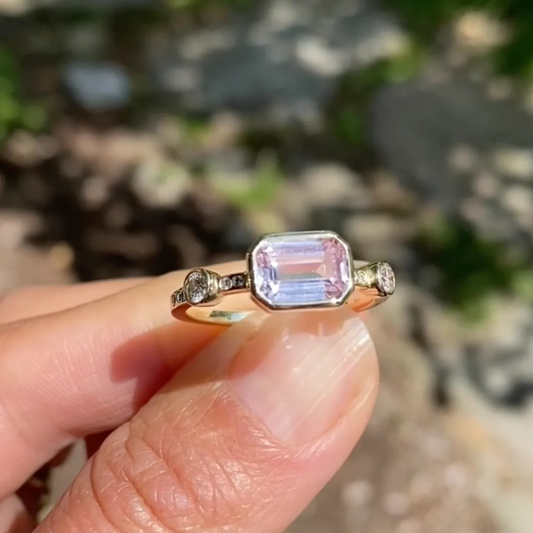 M. Hisae Hikaru Ring No. 10 with 2.25 ct emerald-cut pink sapphire and champagne diamond flush accents in recycled 14K yellow gold