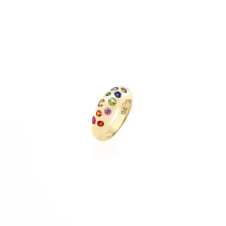 Elegant Wavey Rainbow Classic Nomad Ring by Claudia Mae, 7mm wide band with multicolor sapphires, rubies, and tsavorite garnets.