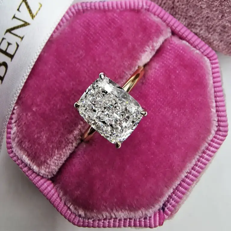 3.18ct Lab-Grown Elongated Cushion Cut Diamond Engagement Ring by Benz & Co Diamonds featuring a two-tone 14K gold band with hidden halo.