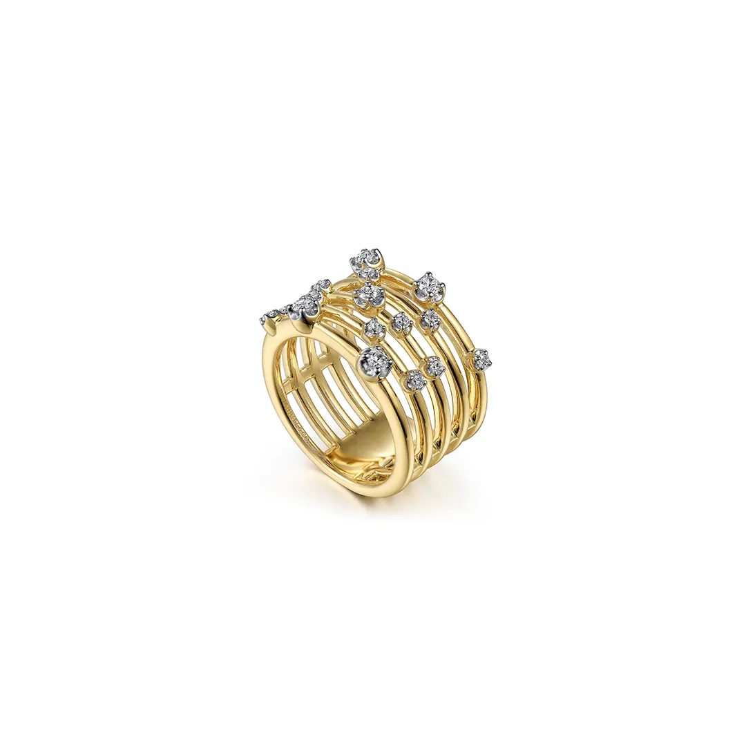 Contemporary multi-row diamond band ring in 14K yellow gold by Gabriel & Co