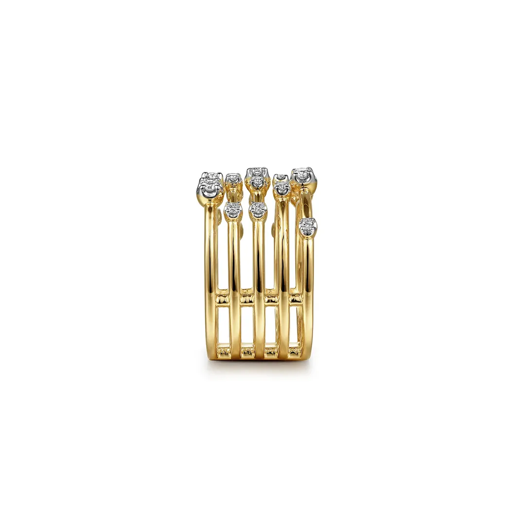 Wide band ring with radiant round diamonds set in polished 14K yellow gold
