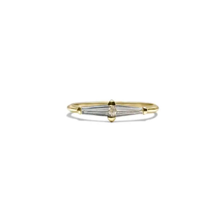 Close-up of the Perryn ring, highlighting the precision-set baguette diamonds in sustainable 14K gold.