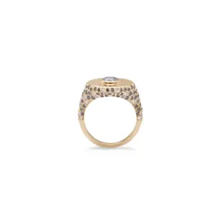 14k yellow gold signet ring featuring a round grey diamond bezel-set at the center, flanked by pavé white and grey diamonds along the band.