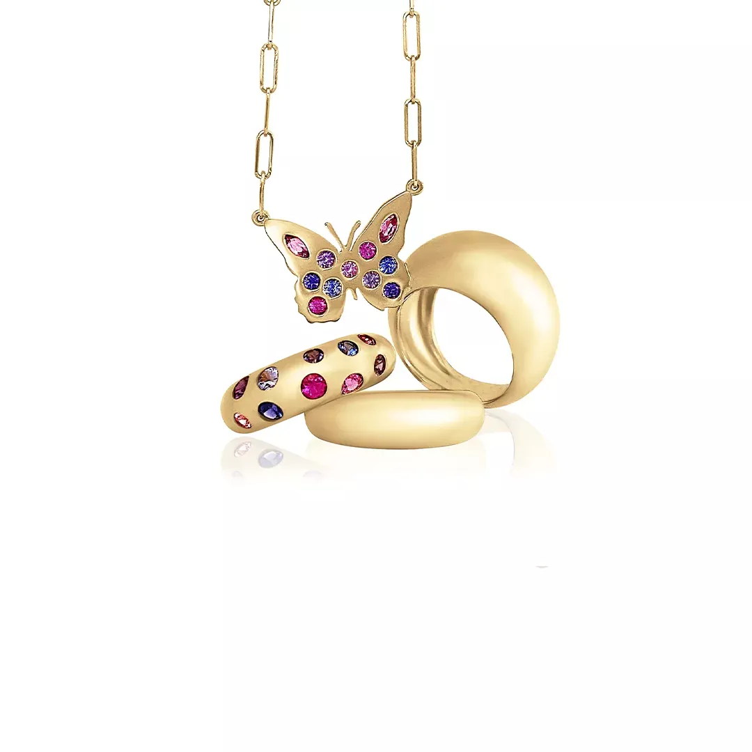 Claudia Mae Wavey Rainbow Classic Nomad Ring in 14k yellow gold with multicolor sapphires, rubies, and tsavorite garnets totaling 1.25ctw.
