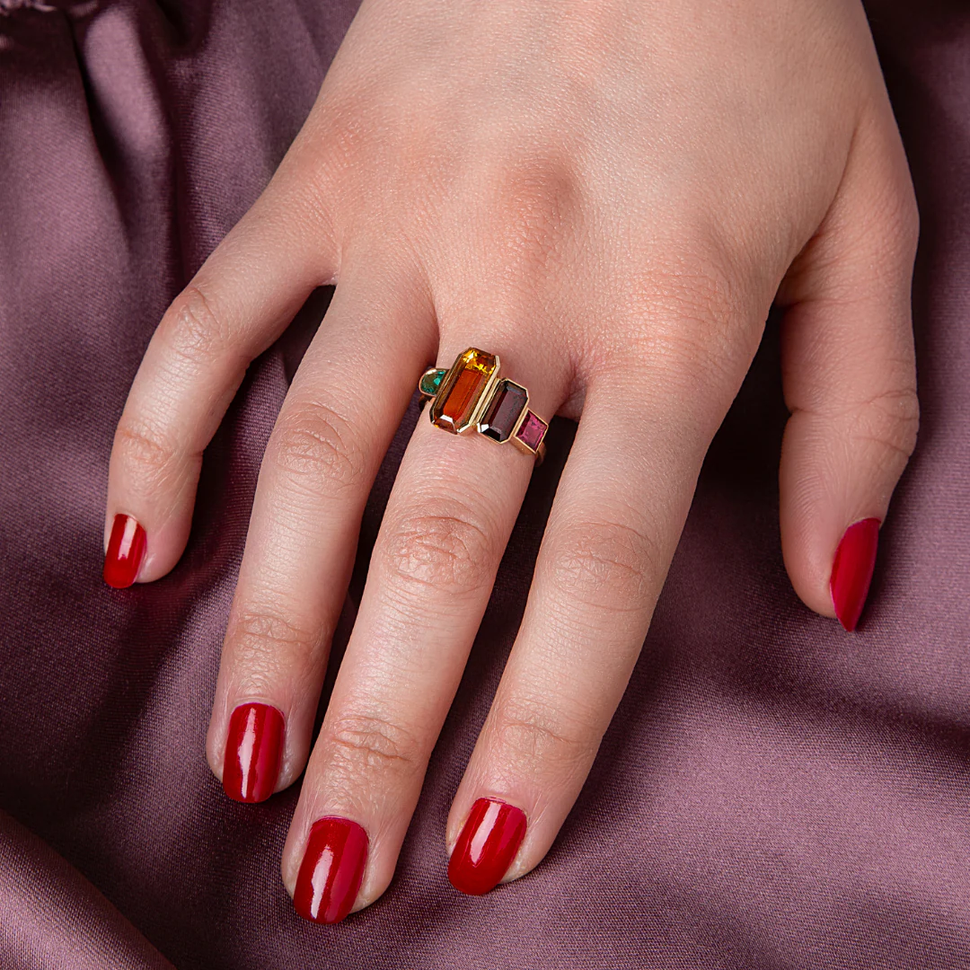 Close-up of the Path Ring showcasing a vibrant cluster of Citrine, Prasiolite, Garnet, and Rhodolite gemstones set in 14k solid gold.