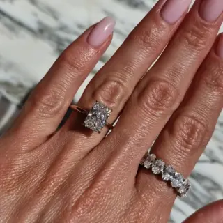 3.18ct Lab-Grown Elongated Cushion Cut Diamond Engagement Ring by Benz & Co Diamonds featuring a two-tone 14K gold band with hidden halo.