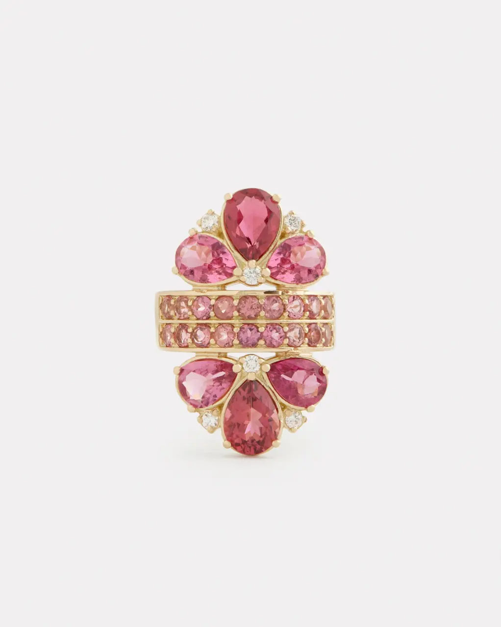 18K yellow gold pear-shaped pink tourmaline ring with .18 TCW diamonds, showcasing mirrored design and elegant gemstone setting.