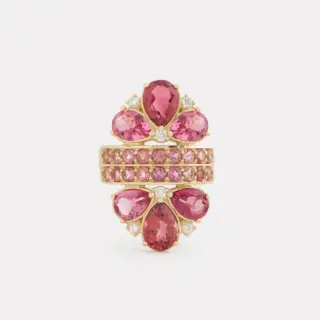 18K yellow gold pear-shaped pink tourmaline ring with .18 TCW diamonds, showcasing mirrored design and elegant gemstone setting.
