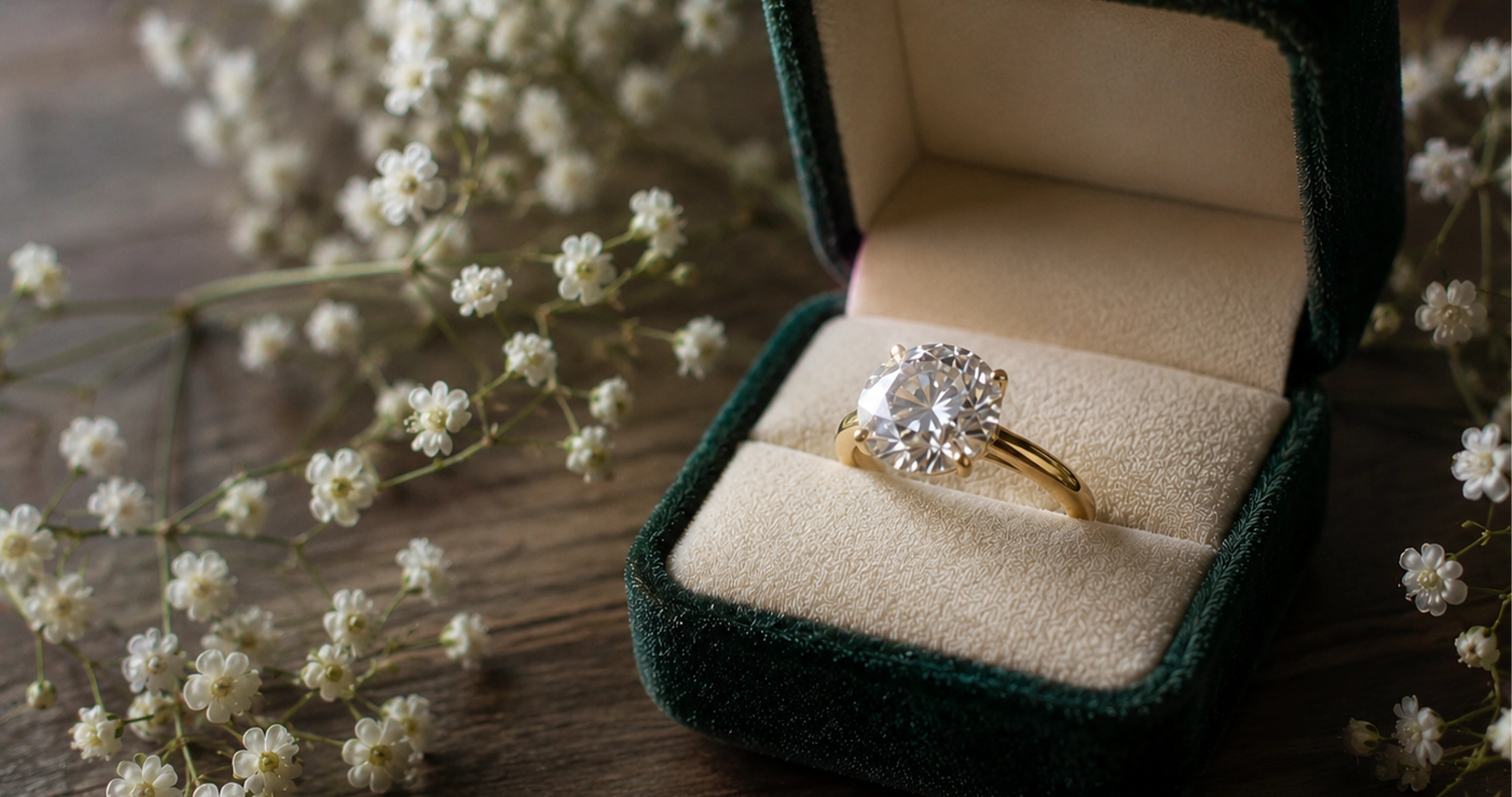 Big Diamond = Big Love? — gold solitaire engagement ring in a green velvet box