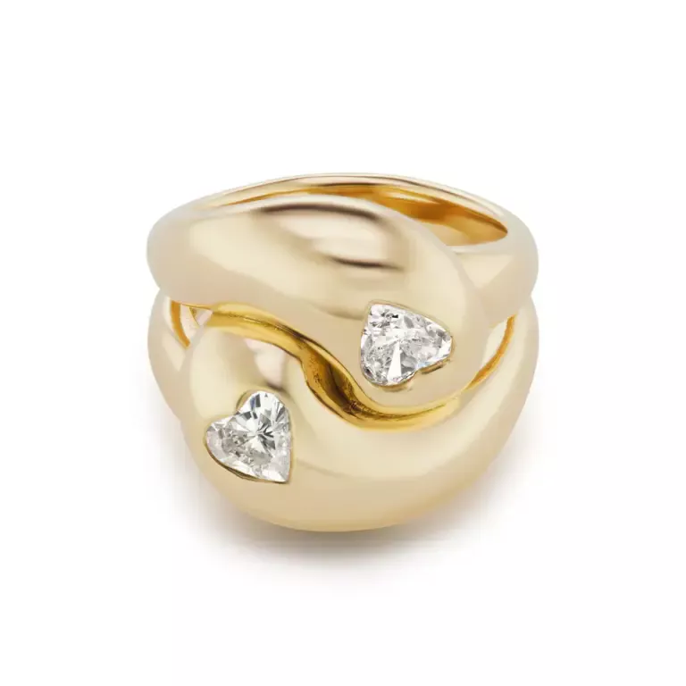 Brent Neale Knot Ring with 2 heart-shaped diamonds totaling 0.80cttw, set in 18K yellow gold, featuring a sculptural knot design from the Knot Collection.