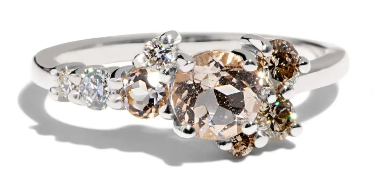 Bario Neal Burst Cluster Morganite Ring: 5mm morganite center with champagne and white diamonds, prong set in 14kt yellow gold.