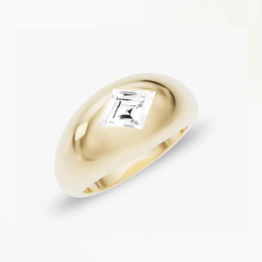 Close-up of VRAI’s Lozenge Dome Band Ring, showcasing the high-polish finish and contemporary silhouette in solid yellow gold.