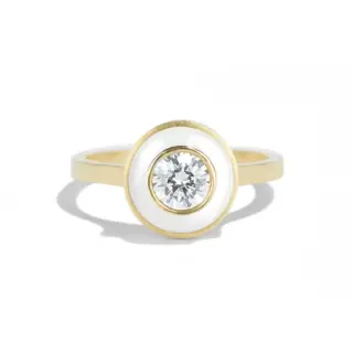 “Senna Diamond Halo Ring with White Enamel by Bario Neal: Features a 0.50ct diamond set in recycled 18k gold with a white enamel halo