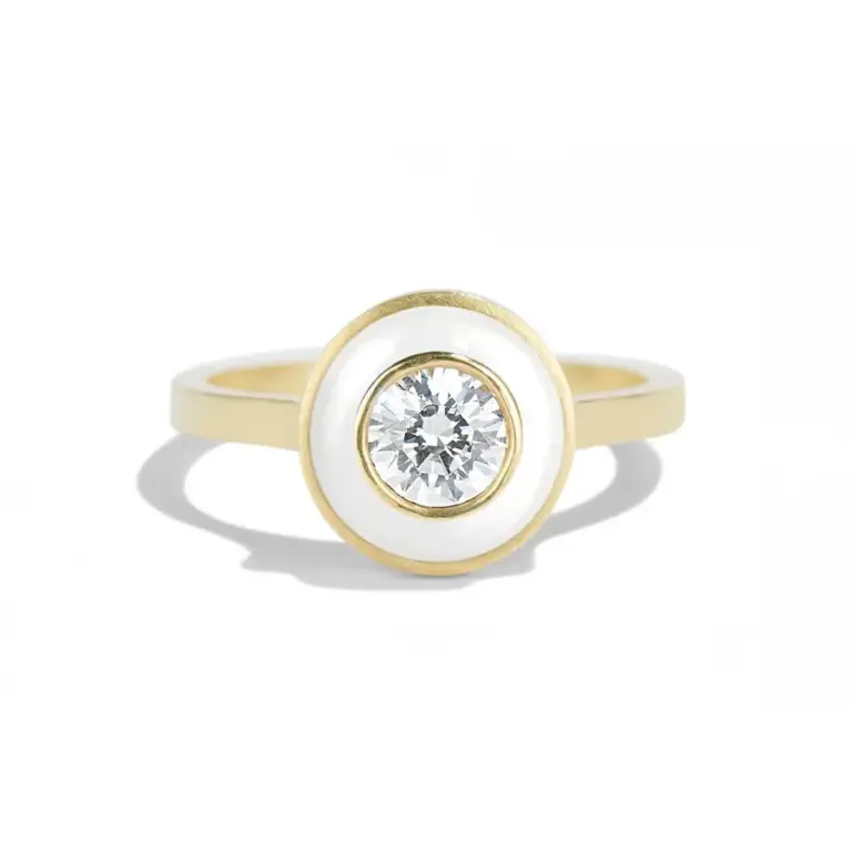 “Senna Diamond Halo Ring with White Enamel by Bario Neal: Features a 0.50ct diamond set in recycled 18k gold with a white enamel halo