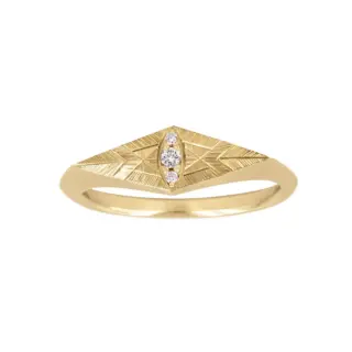 “Eye of Ailuros Ring by Audry Rose: 14k yellow gold band featuring three tapered white diamonds set in a cat-eye formation, surrounded by hand-engraved whisker details