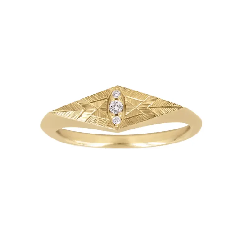 “Eye of Ailuros Ring by Audry Rose: 14k yellow gold band featuring three tapered white diamonds set in a cat-eye formation, surrounded by hand-engraved whisker details