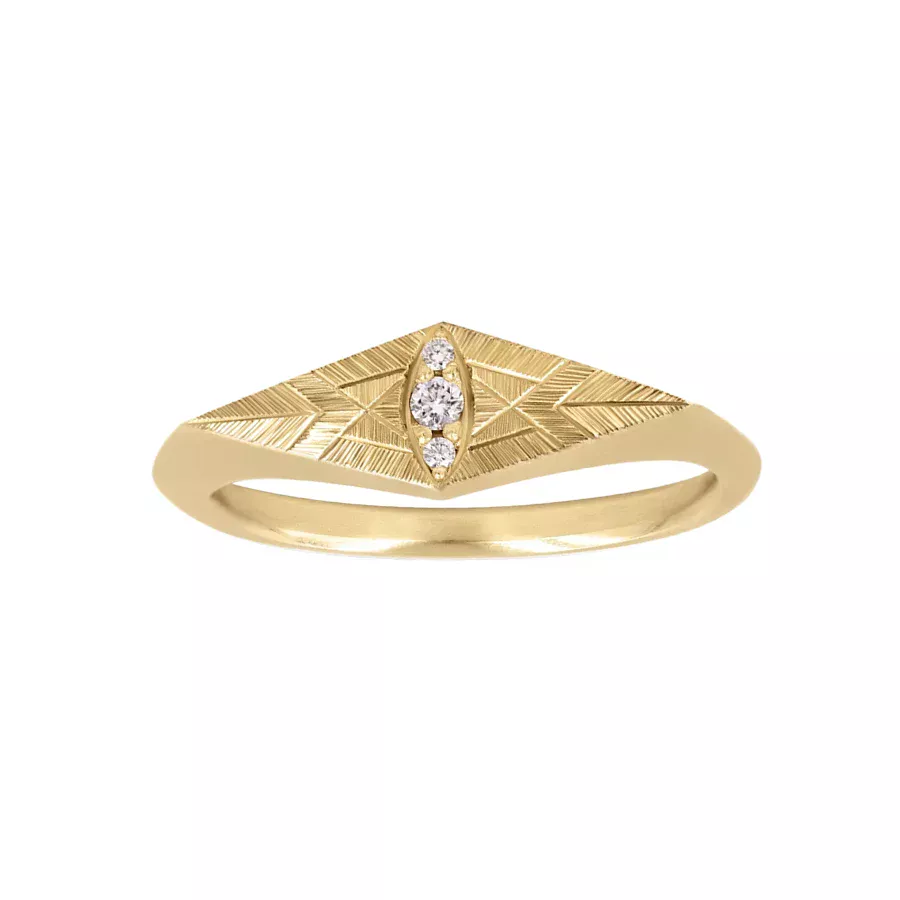 “Eye of Ailuros Ring by Audry Rose: 14k yellow gold band featuring three tapered white diamonds set in a cat-eye formation, surrounded by hand-engraved whisker details