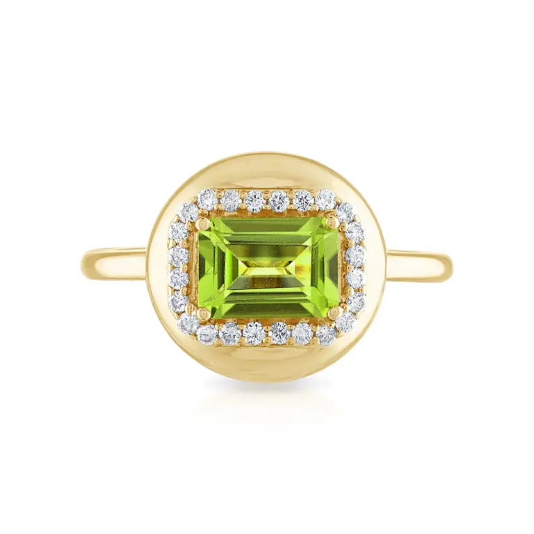 14K yellow gold Mini Candy Button Ring featuring a vibrant 7x5mm emerald gemstone and approximately 0.20 carats of diamonds in a sleek bezel setting