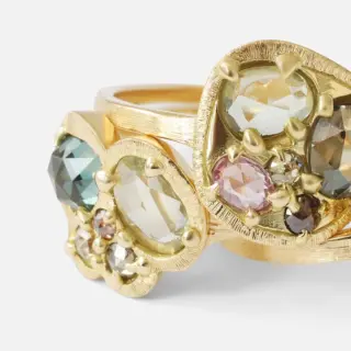 Silk / Teal and Lime Cluster Ring by Hiroyo with silk line finish and flat 1.69mm band in 18k yellow gold