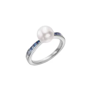 Mikimoto Ocean Collection ring featuring 8 mm Akoya cultured pearl and 0.63 ct blue sapphires in 18K white gold