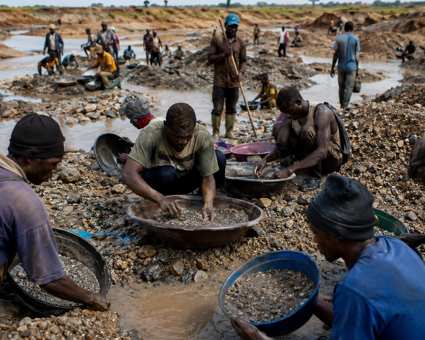 Artisanal diamond mining along a riverbank