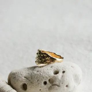 Handmade 14k gold statement ring with botanical-inspired curves and artisanal finish.