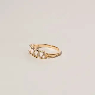 Mociun Five Triangle Ring featuring five triangular white opal cabochons and twelve white diamonds, set in choice of gold.