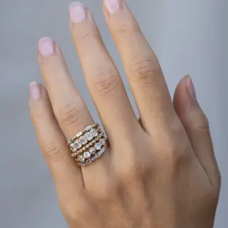 Ethically made natural rose‑cut five diamond wedding band by Sofia Kaman in 14K recycled yellow gold with vintage romantic milgrain details