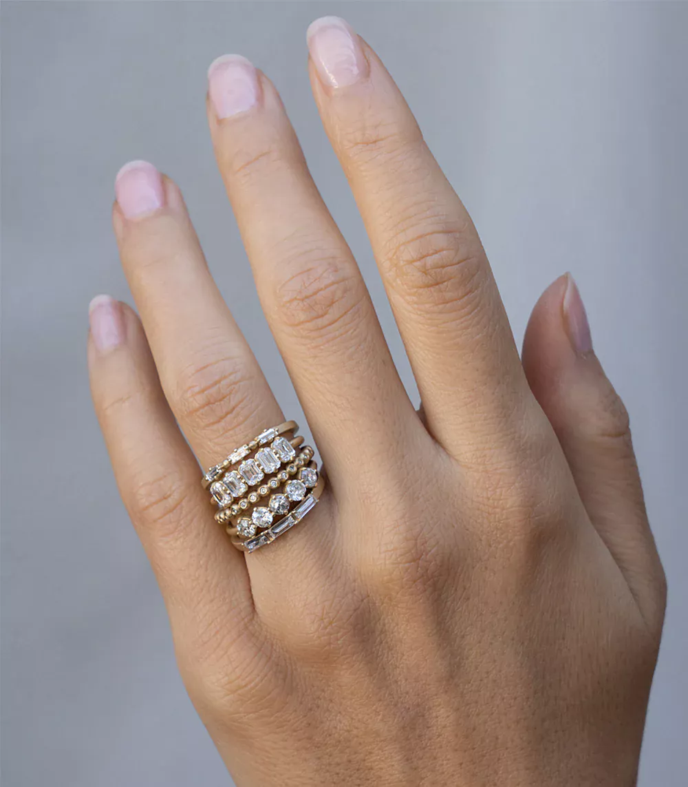 Ethically made natural rose‑cut five diamond wedding band by Sofia Kaman in 14K recycled yellow gold with vintage romantic milgrain details
