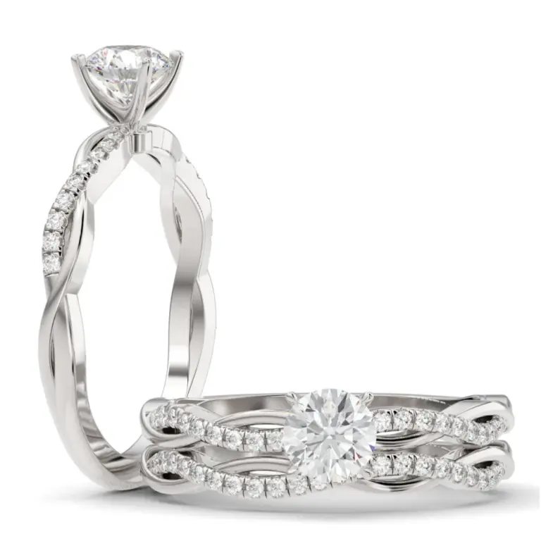 Front view of Luvari’s platinum engagement ring showcasing a 1.5mm wide band with alternating wave-patterned natural diamonds, totaling 0.5 carats.