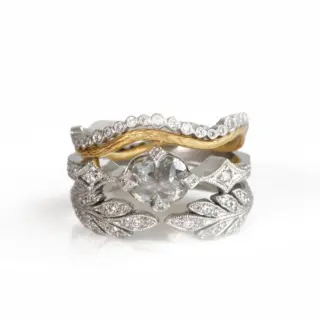 Cathy Waterman Platinum Leafside Ring displayed on a hand—nature-inspired design with diamond leaf details.