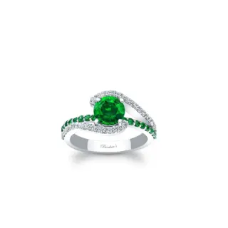 Front view of Barkev’s 1 carat round tsavorite engagement ring in 14K white gold, featuring a vibrant green tsavorite center stone with diamond-accented split shank.