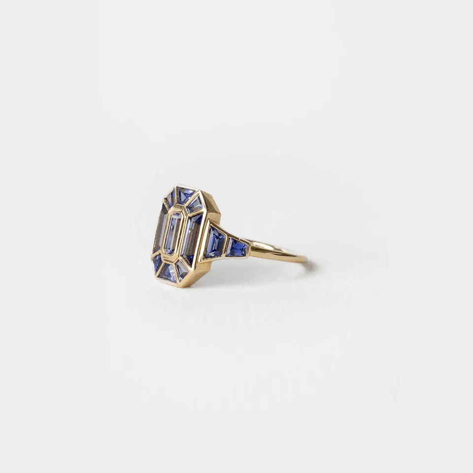 Dusk Sapphire ring by June Rings – cushion-cut deep blue sapphire set in 14k gold band