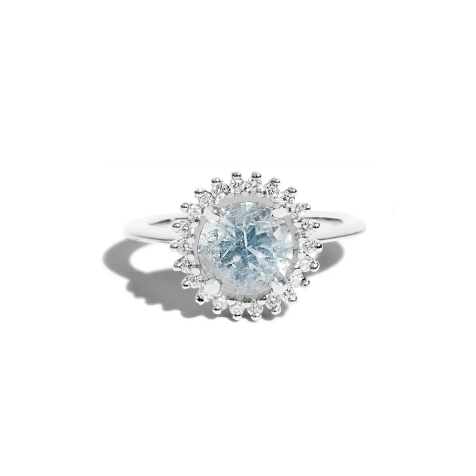 Aquamarine halo ring with sustainable diamonds and recycled gold band – handcrafted by Bario Neal