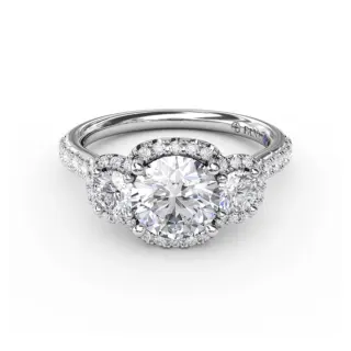 14K white gold Fana Three-Stone Round Diamond Halo Engagement Ring featuring a 0.78 ct total weight of round diamonds, excluding the center stone