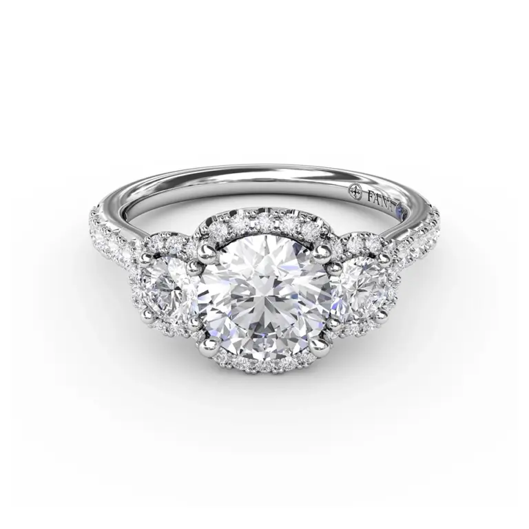 14K white gold Fana Three-Stone Round Diamond Halo Engagement Ring featuring a 0.78 ct total weight of round diamonds, excluding the center stone