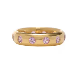 Top view of the Half Round Mosaic Pink Sapphire Band by Reinstein Ross, featuring multicolored sapphires set in handcrafted 20K peach gold