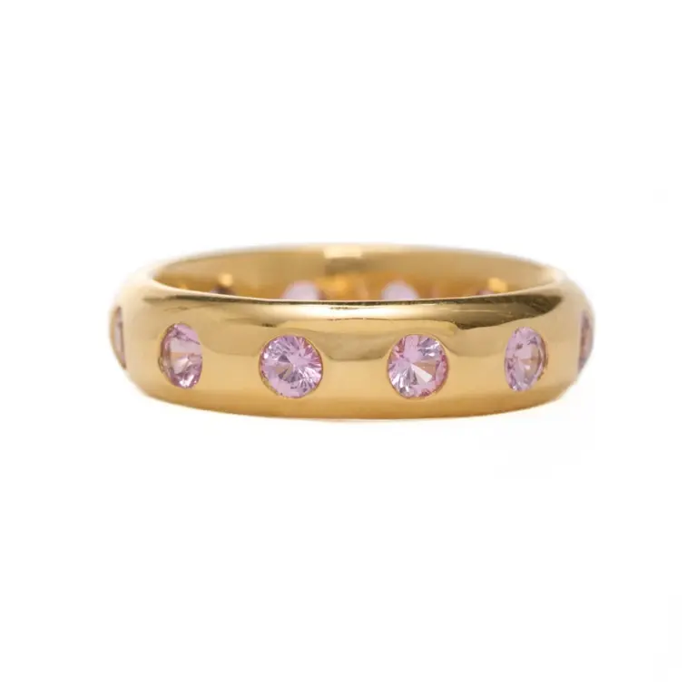 Top view of the Half Round Mosaic Pink Sapphire Band by Reinstein Ross, featuring multicolored sapphires set in handcrafted 20K peach gold