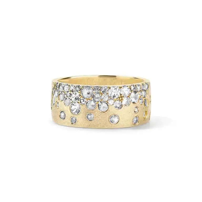 Front view of Stephanie Gottlieb's Scattered Diamond Wide Cigar Band in 14K yellow gold, featuring a bold 8.7mm band adorned with scattered white diamonds for a modern statement look.