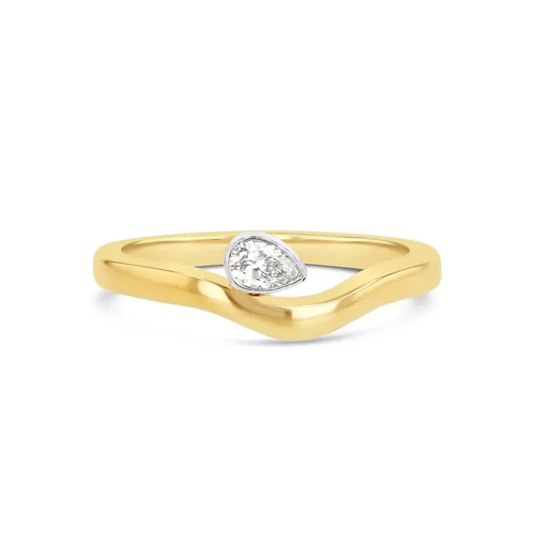 Pear Diamond Wave Band on hand—Grace Lee’s 18K rose gold wave ring with pear-cut diamond accent