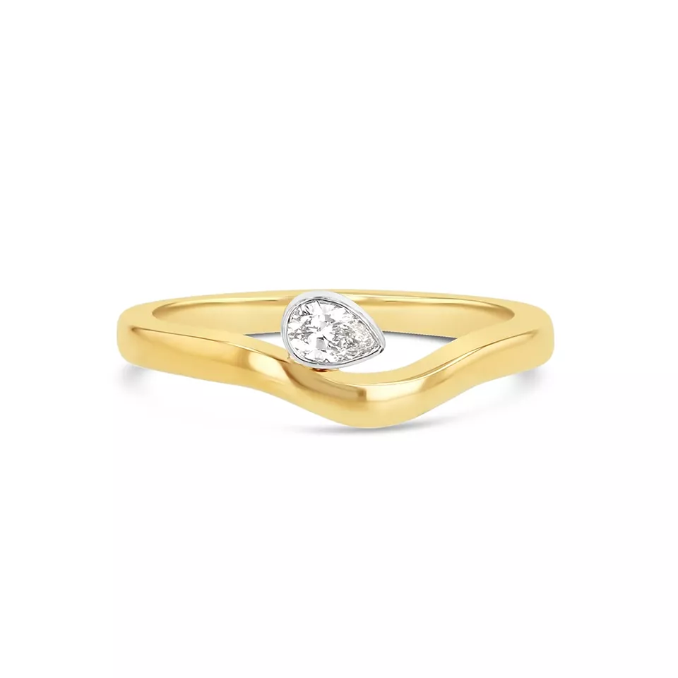 Pear Diamond Wave Band on hand—Grace Lee’s 18K rose gold wave ring with pear-cut diamond accent