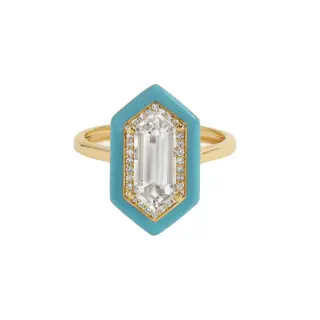 Light Blue Yadira ring in 14 k gold with a 1.5 ct white topaz center, 0.12 tcw VS G‑H diamonds, and a light blue enamel border on a 2 mm band