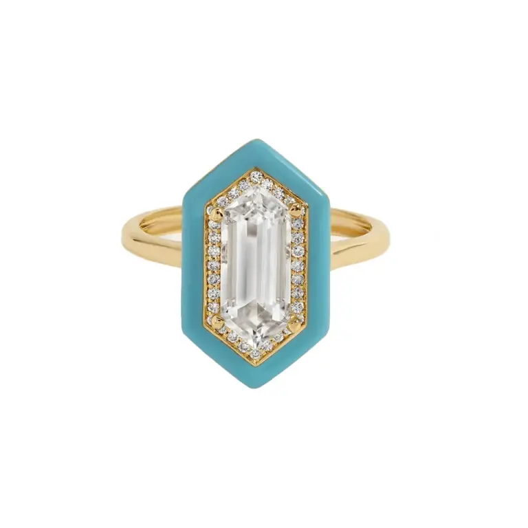 Light Blue Yadira ring in 14 k gold with a 1.5 ct white topaz center, 0.12 tcw VS G‑H diamonds, and a light blue enamel border on a 2 mm band