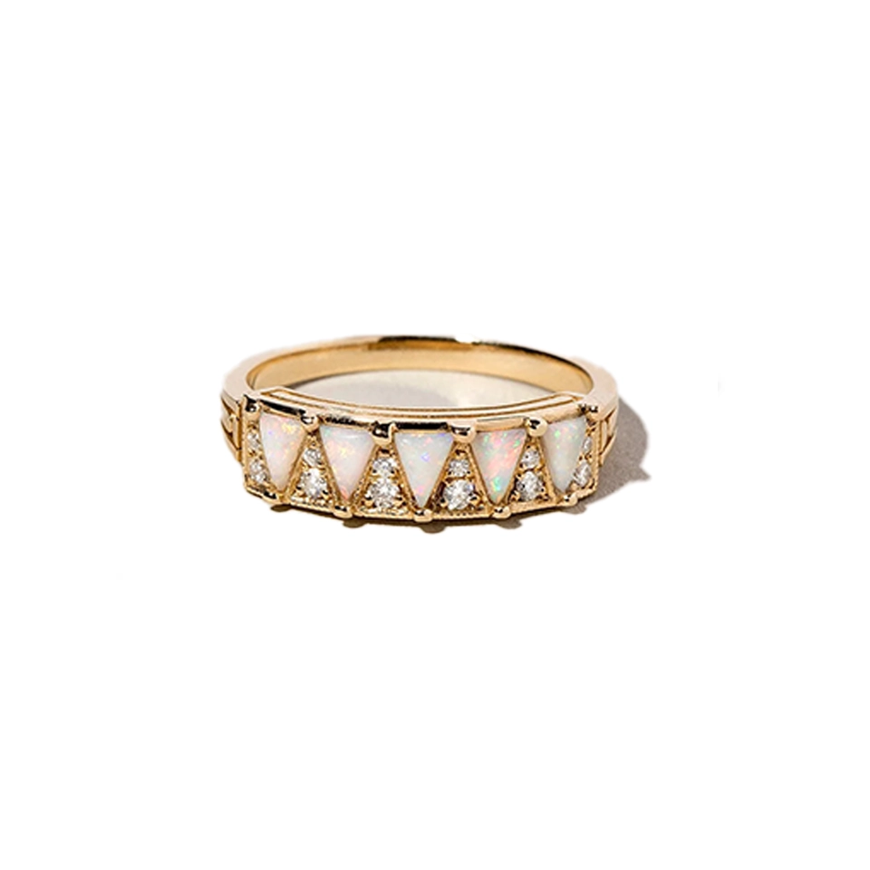 Five Triangle Ring in white opal and diamonds, handcrafted in NYC, set in solid gold or platinum