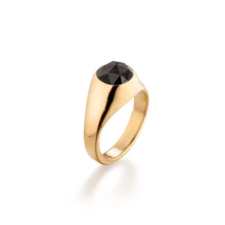 Front view of Jane Bartel’s 18k yellow gold signet ring, set with a 2.92 ct faceted black diamond—sleek, modern, unisex design.