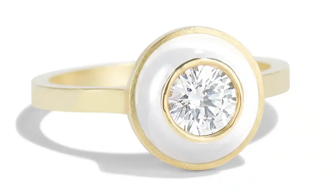 Senna Diamond Halo Ring: Lab-grown or natural 0.50ct diamond set in recycled 18k gold with a vintage-inspired white enamel halo
