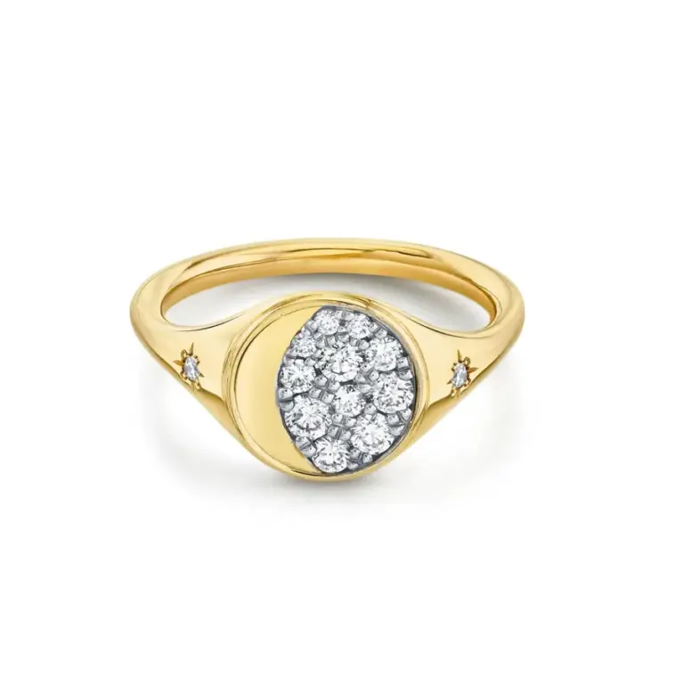 Close-up of the Gibbous Moon Signet Ring in 14k gold, featuring a crescent of .30 ct diamonds arranged in a gibbous moon shape around the signet face.
