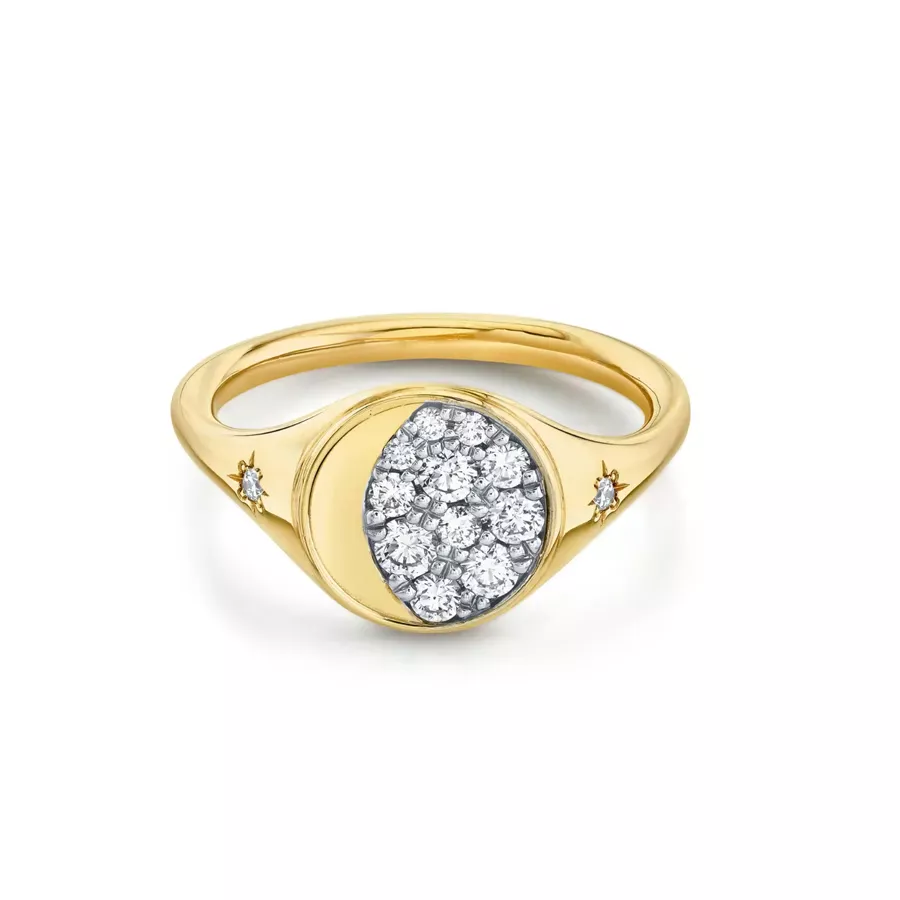 Close-up of the Gibbous Moon Signet Ring in 14k gold, featuring a crescent of .30 ct diamonds arranged in a gibbous moon shape around the signet face.