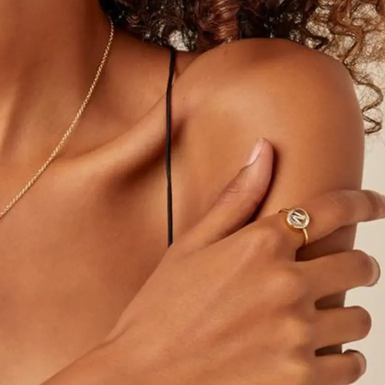 Close-up of Kaleidoscope Shaker Single Locket Ring showcasing a floating diamond-paved initial in a white sapphire capsule